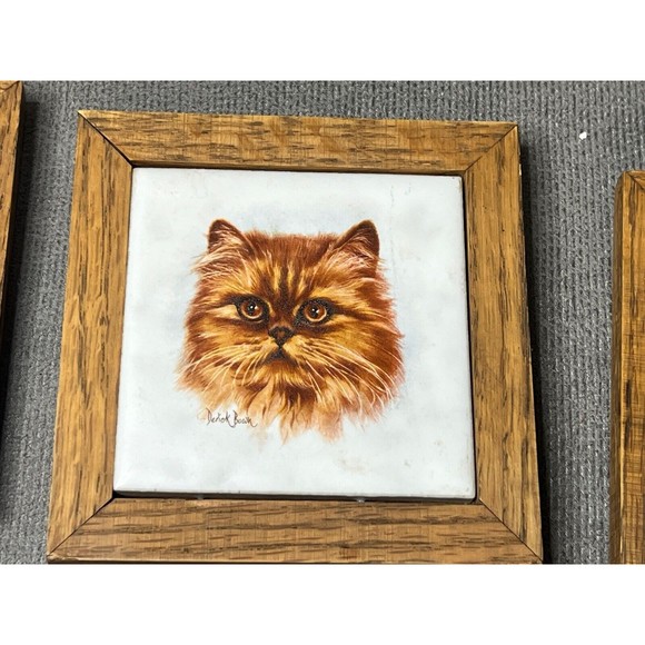 Cat Ceramic Wood Framed Tile Derick Bown Artist Signed Coasters Lot Of 4 - Picture 5 of 9
